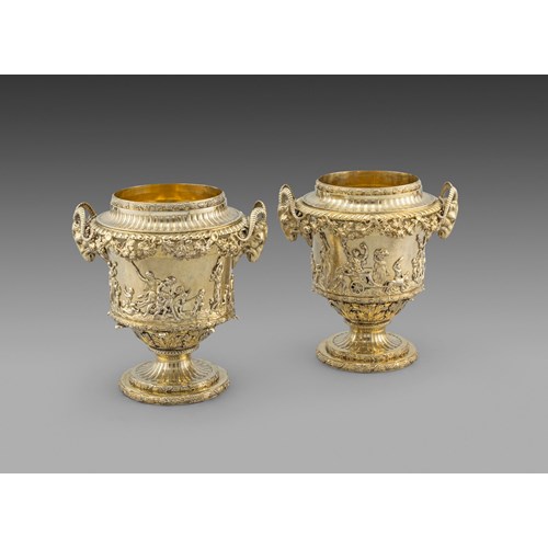 Pair of George III silver gilt wine coolers by Joseph Preedy, London 1801, with Bacchanalian frieze